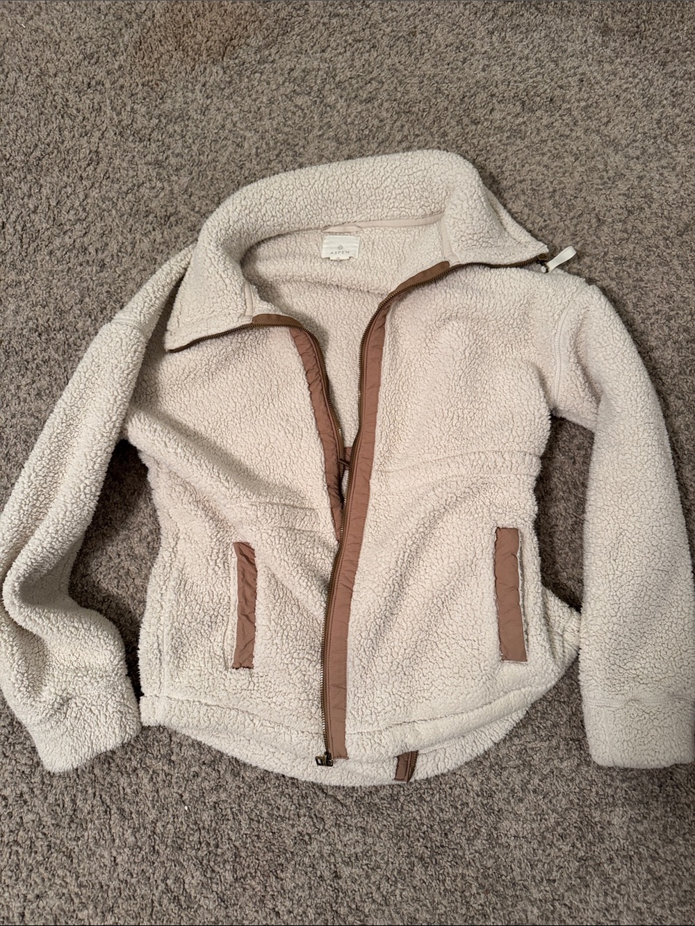 Cream Teddy Zip Jacket with Brown Trim - Women's Sherpa Coat